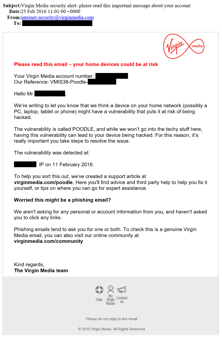 Virgin Media Customer POODLE Email