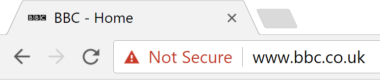 An example of a browser making it clear that your connection to a website is "not secure"