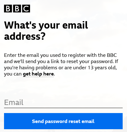 The Password Reset page on bbc.com