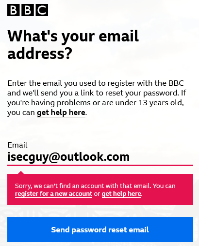 BBC.com disclosing whether an account exists during a Password Reset request