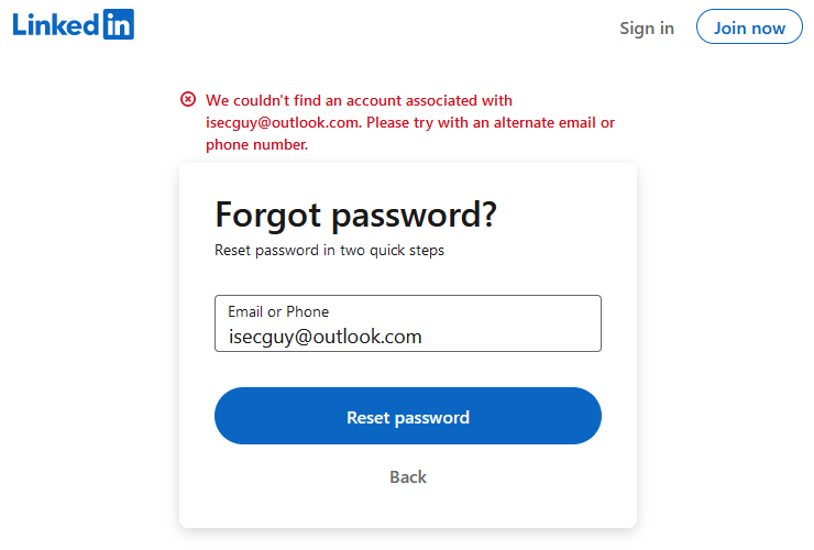 Linked In disclosing whether an account exists during a Password Reset request