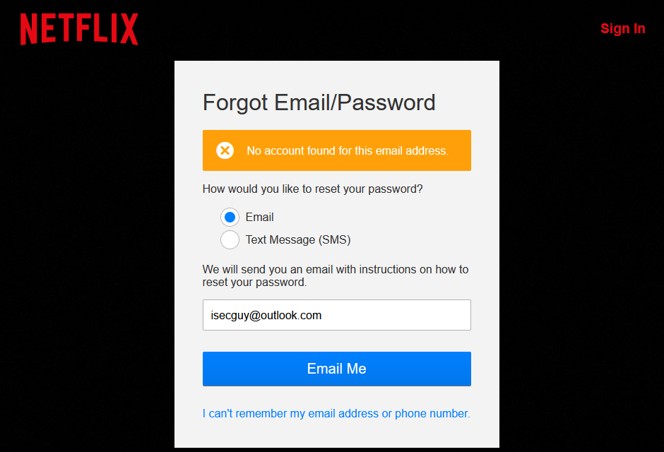 Netflix disclosing whether an account exists during a Password Reset request