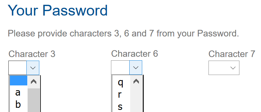 A banking website requesting specific characters from a user's password