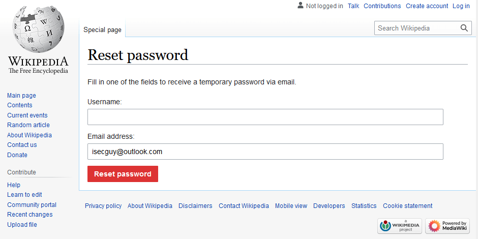 The Password Reset page on Wikipedia