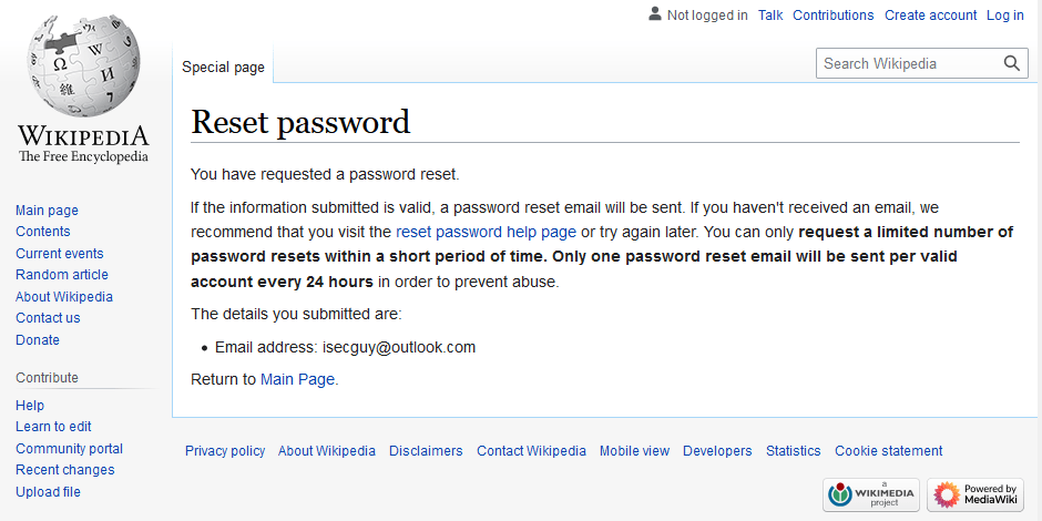 Reset Password response on Wikipediais the same regardless of whether an account exists