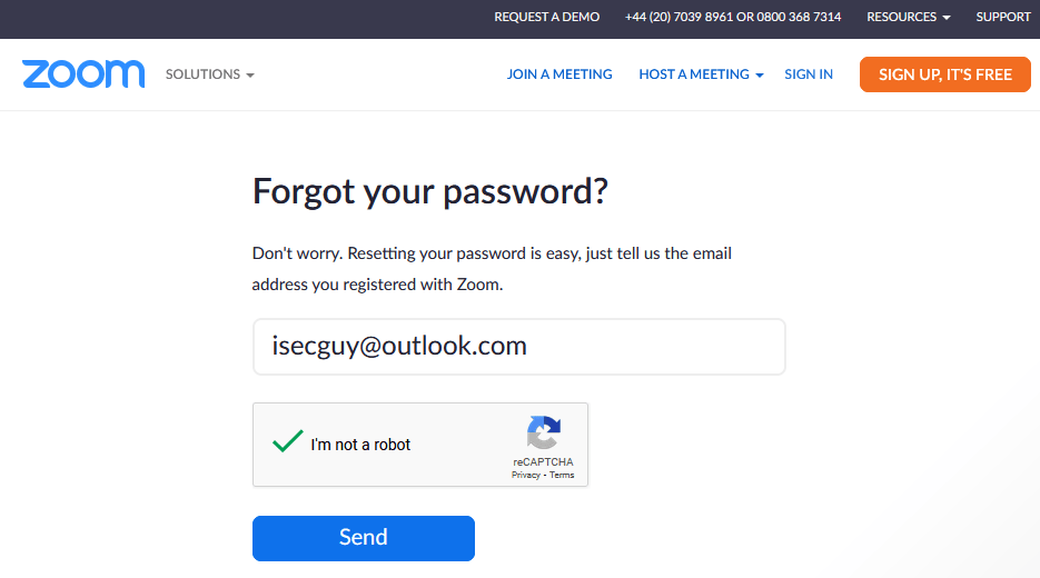 The Password Reset page on zoom.us