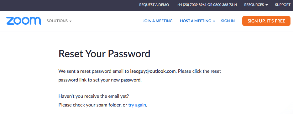 Zoom correctly didn't disclose whether the email address I entered belonged to a valid account